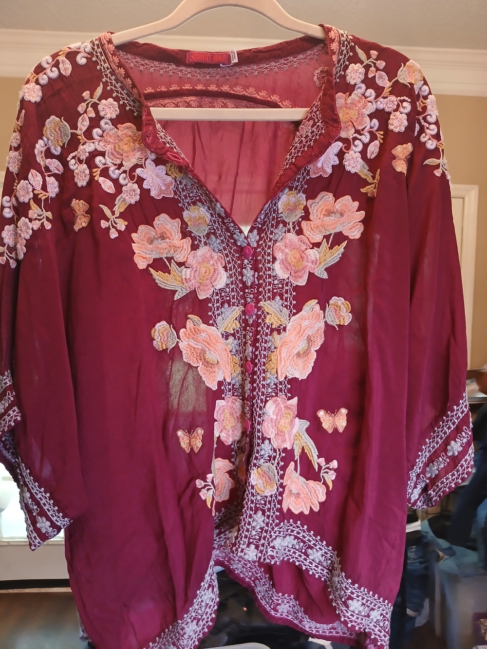 Johnny Was Burgundy Embroidered Floral
